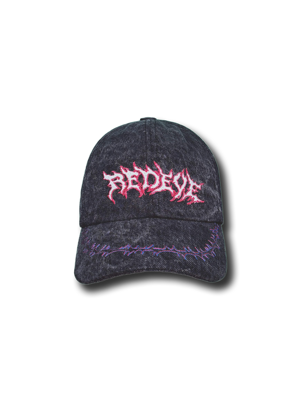 Black washed baseball cap with embroidered Redeye logo on front and stitched graphic detail on brim