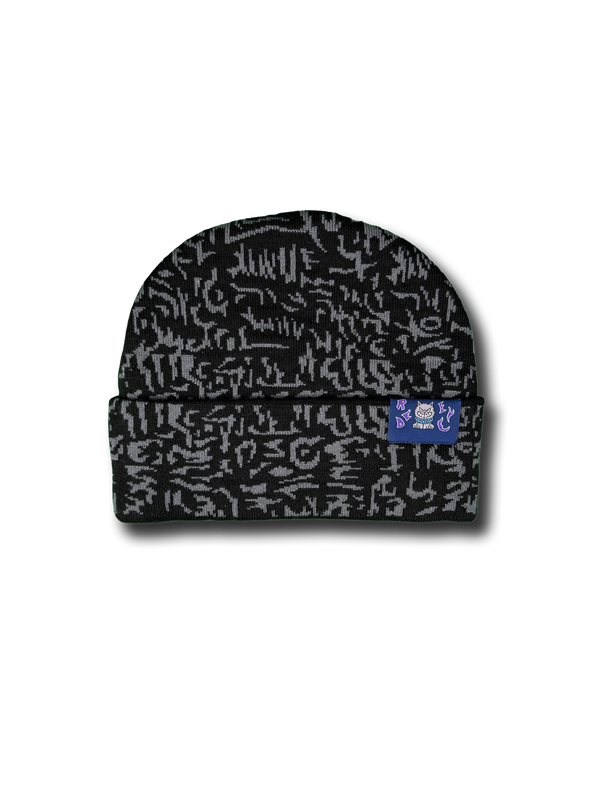Black and dark grey patterned knit beanie with Redeye Clothing Company woven label on cuff