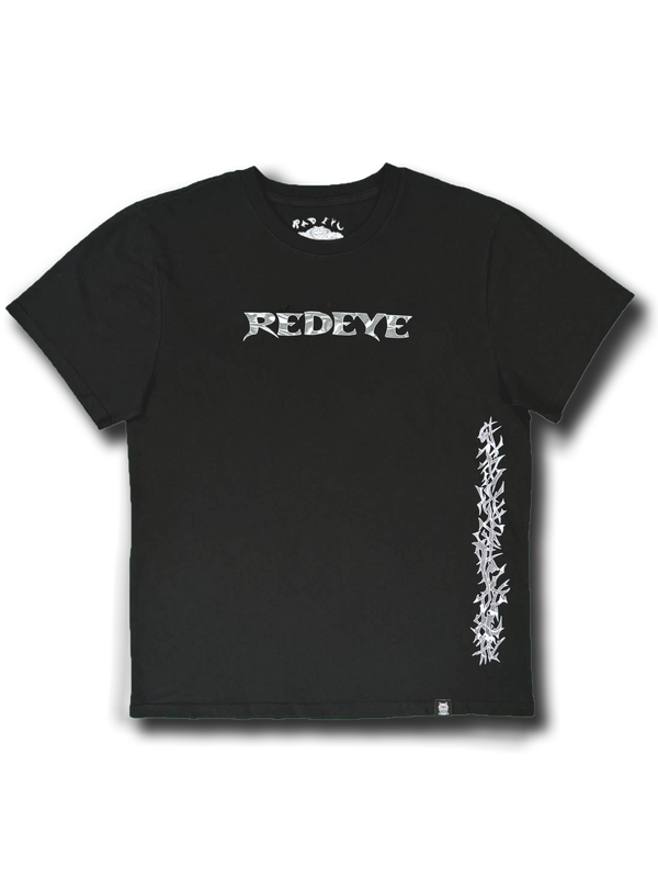 Black Redeye Clothing Company Essentials Crew Tee with chrome tribal REDEYE front logo and vertical chrome tribal graphic along the right side.