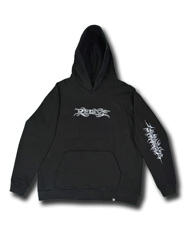 Redeye Essentials Hoodie in black featuring chrome Redeye chest logo and vertical tribal-style graphic on the right sleeve.