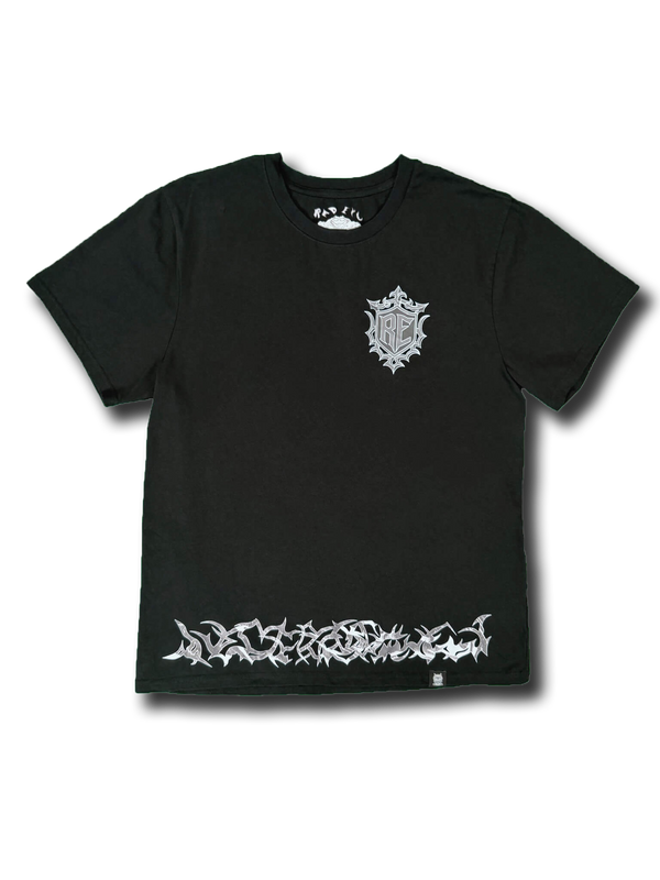 Redeye Essentials Shield Tee in black — full front view featuring chrome shield chest logo and barbed-style graphic across the bottom hem.